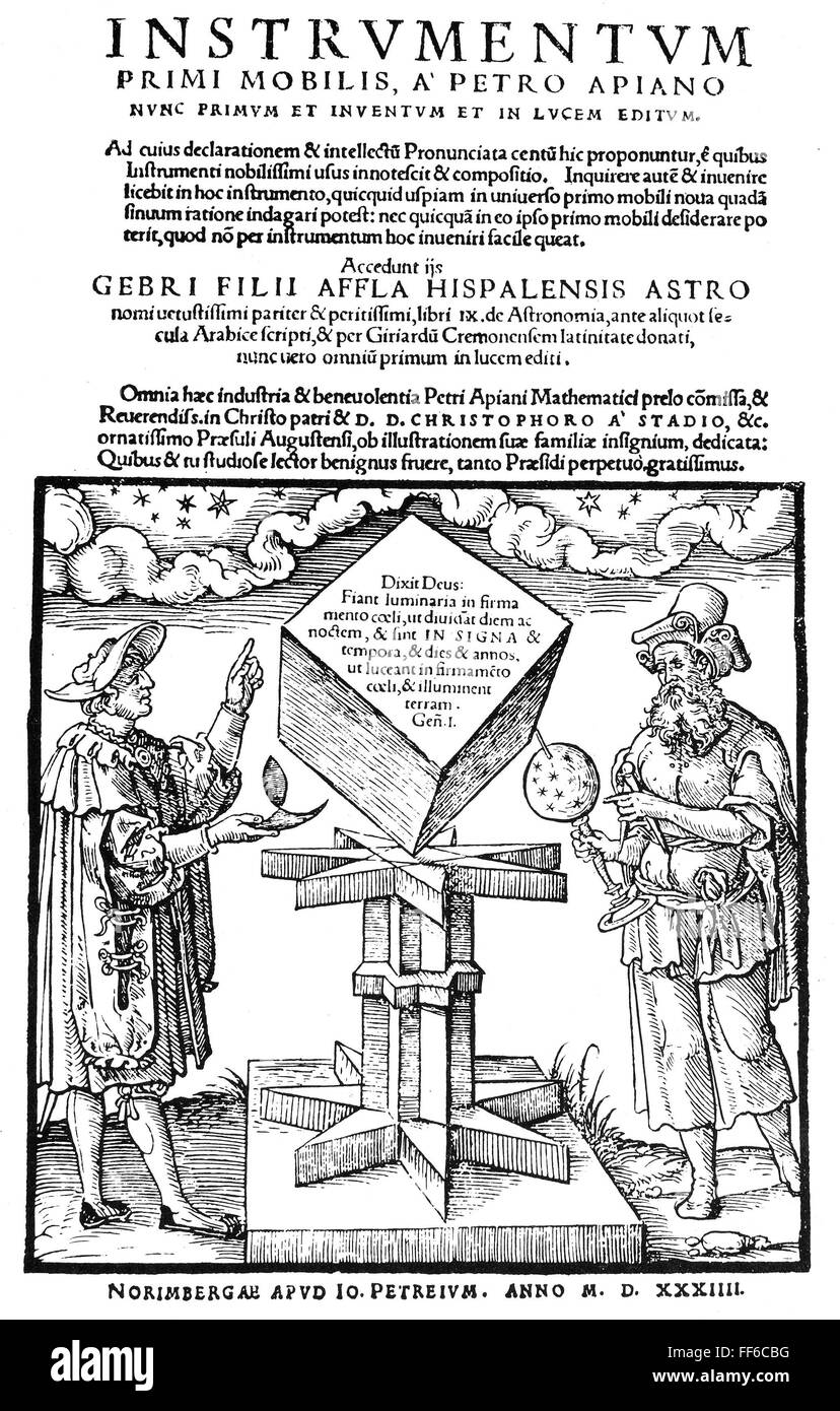 Los astrónomos, 1533. /NAstronomers con sus instrumentos. Xilografía de Petrus Apianus' 'Folium Populi', Ingolstadt, Alemania, 1533. Foto de stock