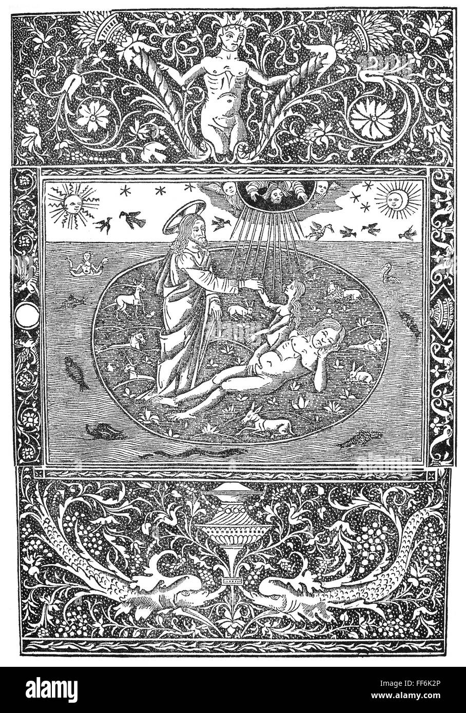 Nacimiento de Eva. /NWoodcut, veneciano de 1506. Foto de stock