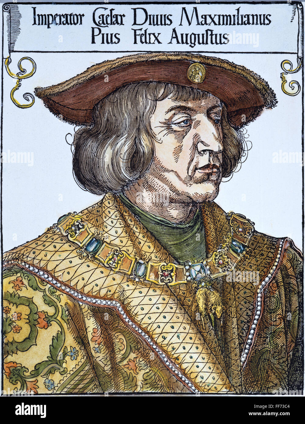 Maximiliano I (1459-1519). /NHoly emperador romano, 1493-1519. Xilografía en color de 1519, Albrecht Durer. Foto de stock