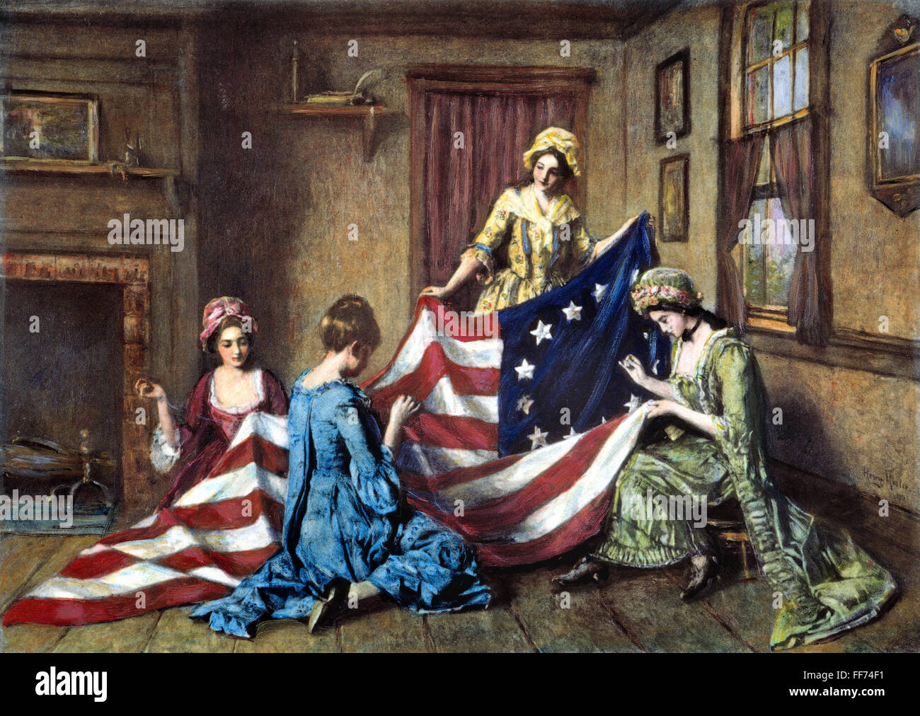 Nacimiento de la bandera. /NBetsy Ross coser la primera bandera Americana. Pintura por Henry Mosler (1841-1920). Foto de stock