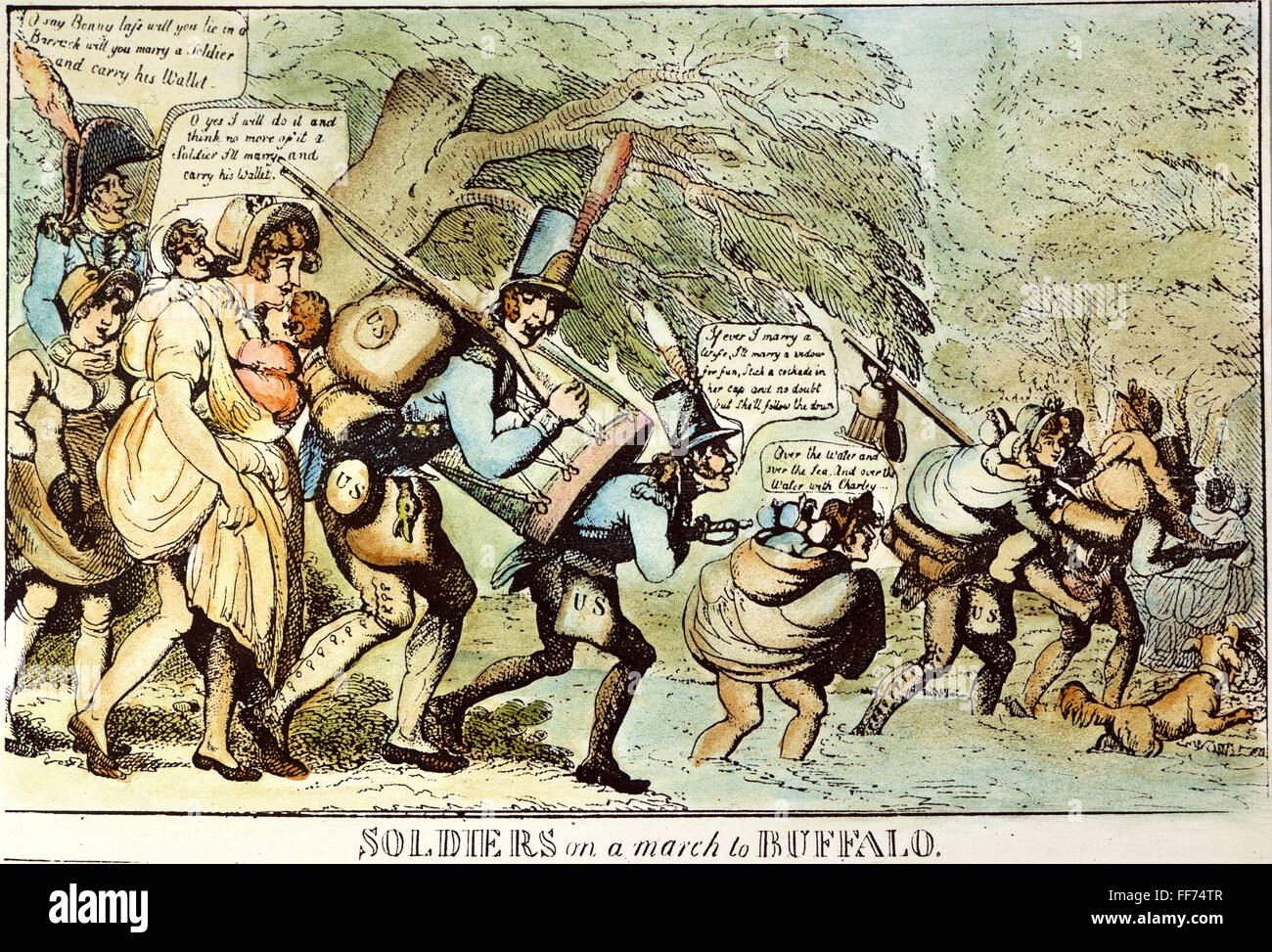 Guerra de 1812: Cartoon, 1813. /NSoldiers en marzo a Buffalo: cartoon, de 1813, por William Charles satirizando (New York State) soldados marchando al frente durante la guerra de 1812 ocupados por sus mujeres, bebés y enseres domésticos. Foto de stock