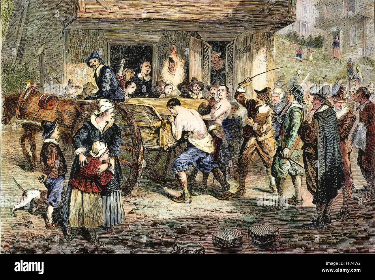Puritanos: castigo, 1670s. /NQuakers ser azotado en la puritana Boston en los 1670s. El grabado en madera, del siglo XIX. Foto de stock