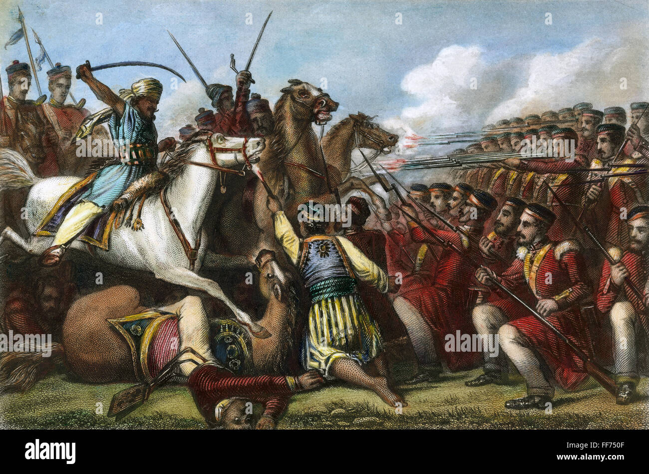INDIA: el motín de SEPOY, 1857. /NSepoy amotinados caballería atacar una plaza de infantería británica en la batalla de Cawnpore en 1857. Grabado pintado inglés contemporáneo. Foto de stock