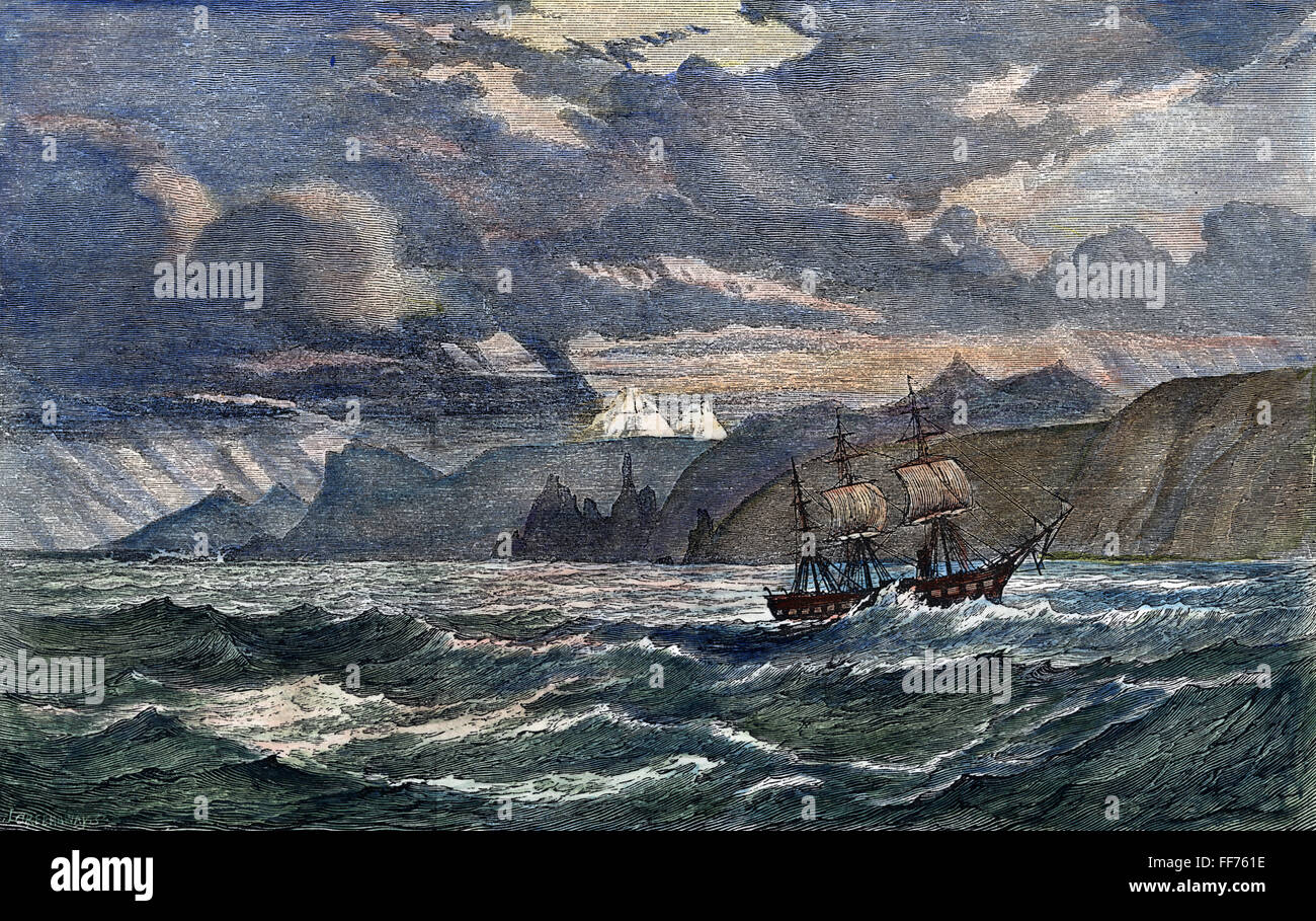 HMS Challenger. /Nel buque Encuesta Británica HMS "Challenger" fuera de la Isla Kerguelen en el sur del Océano Índico, alrededor de 3.000 km al sudeste del Cabo de Buena Esperanza, en 1874. Grabado pintado contemporáneo. Foto de stock