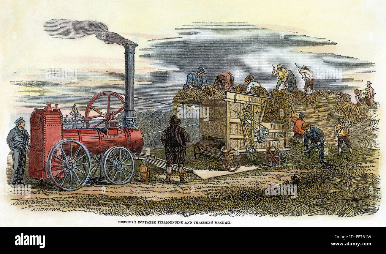 La trilladora de vapor, 1851./nHornsby impulsado por la máquina de vapor máquina de trilla demostrada en campo abierto en la Gran Exposición de Londres de 1851. Grabado en inglés contemporáneo. Foto de stock