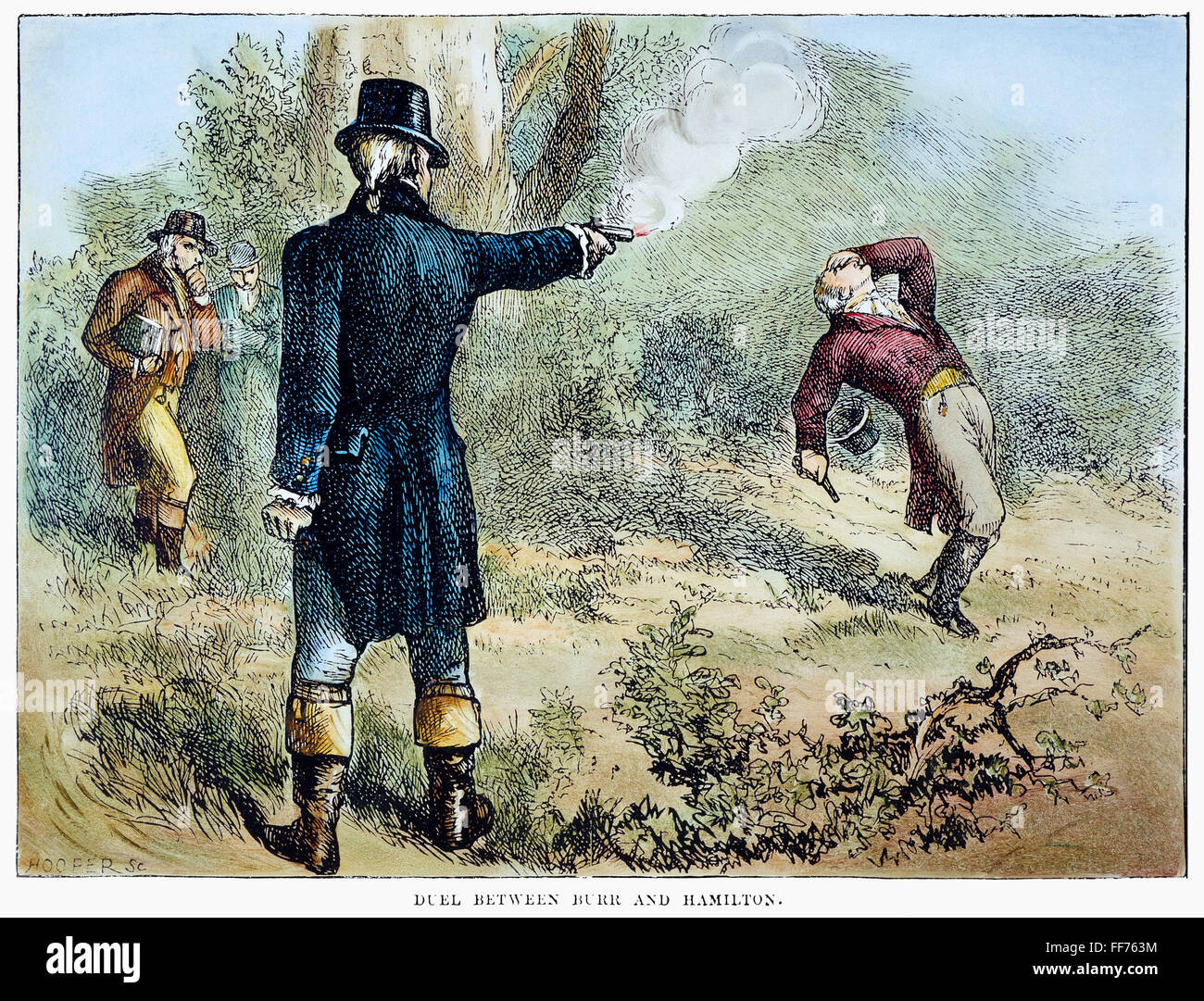 HAMILTON-Burr duelo, 1804. /Nel duelo lucharon entre Alexander Hamilton y Aaron Burr en Weehawken, Nueva Jersey, el 11 de julio de 1804. El grabado en madera, del siglo XIX. Foto de stock