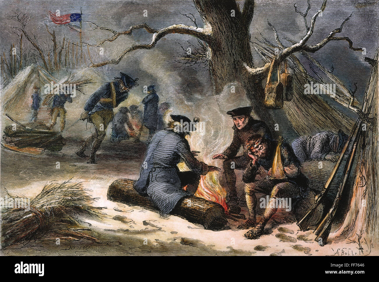 El Valley Forge: Invierno, 1777. /NAmerican tropas en Valley Forge durante el invierno de 1777-78. El grabado en madera, del siglo XIX. Foto de stock