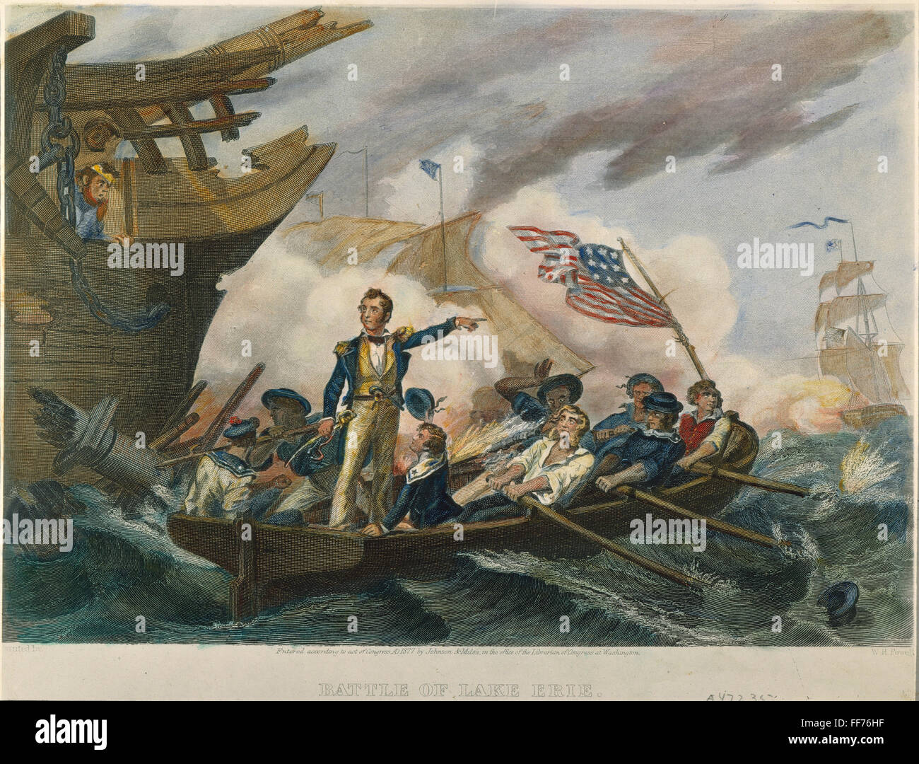 PERRY: Batalla Naval, 1813. /NOliver Perry peligro gravemente dañadas, dejando a su buque insignia, el 'Lawrence' para el 'Niagara' para continuar luchando contra los británicos en la batalla del lago Erie, 10 de septiembre de 1813. Acero grabado, Americana, 1877, después de un paintin Foto de stock
