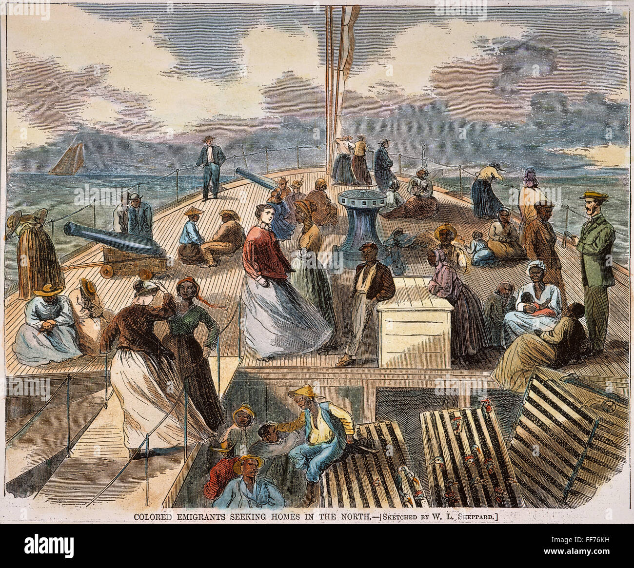 Los emigrantes negro, 1867. /NBlack emigrantes en la cubierta de un vapor con destino a Nueva York desde Richmond, Virginia, en 1867. Grabado en madera americana contemporánea. Foto de stock