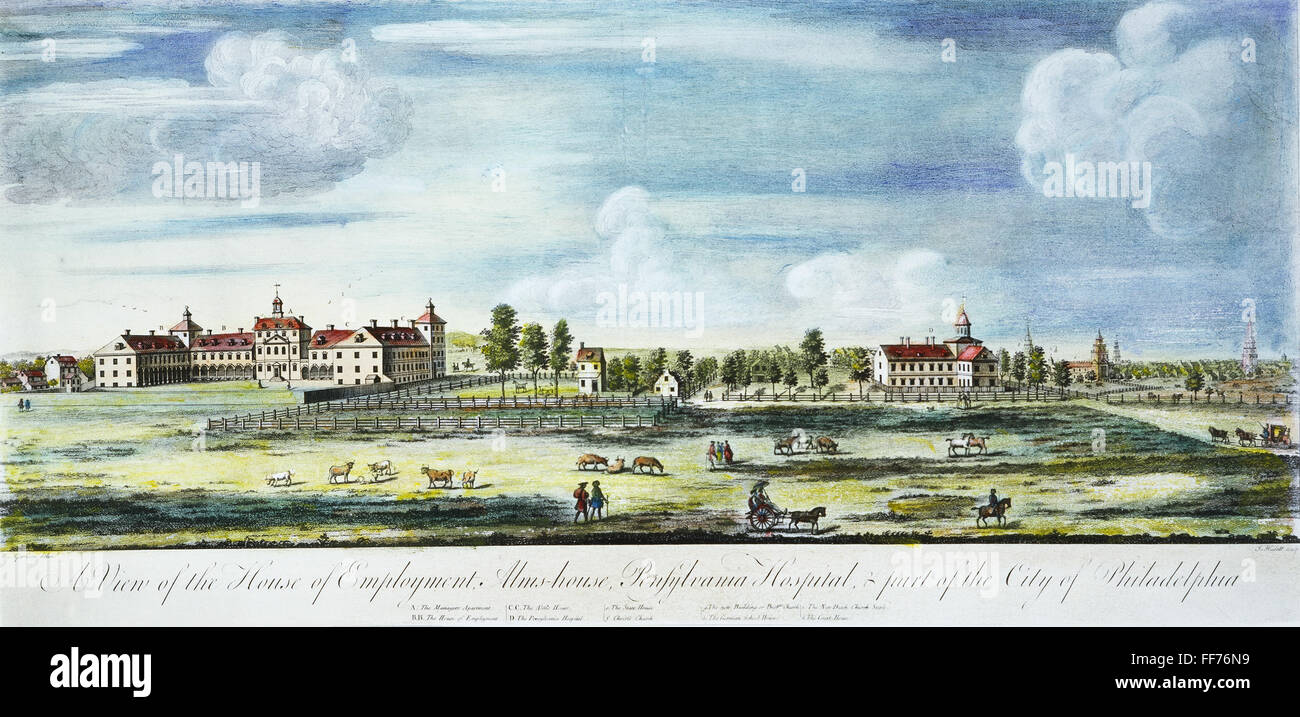 Vista de Filadelfia, en 1767. /NA vista de la casa de empleo, Almshouse, Pennsylvania Hospital y parte de la ciudad de Filadelfia: la línea coloreada grabado, c1767. Foto de stock