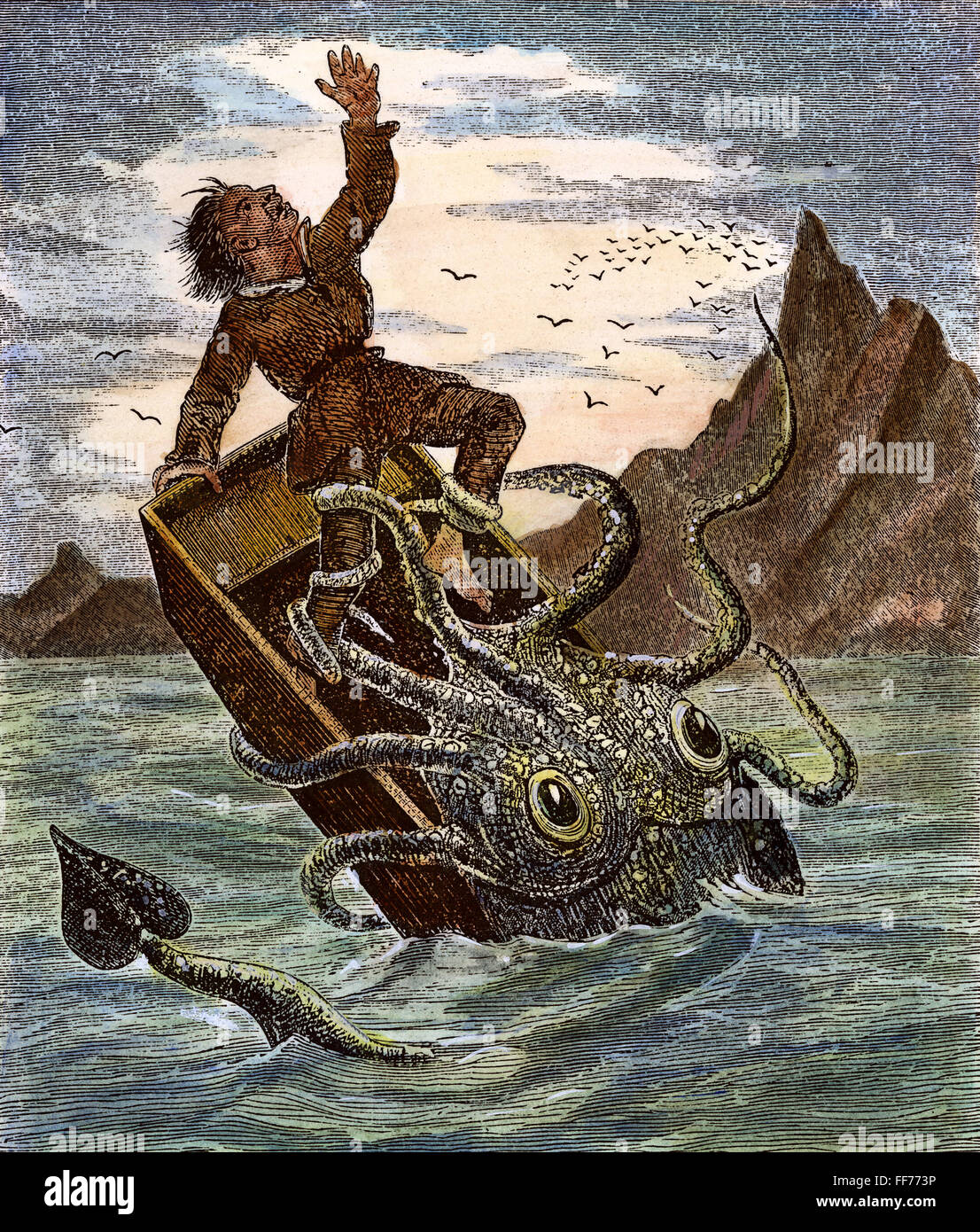 Calamares gigantes, 1879. /NAttacking un pescador. Grabado coloreado, 1879. Foto de stock