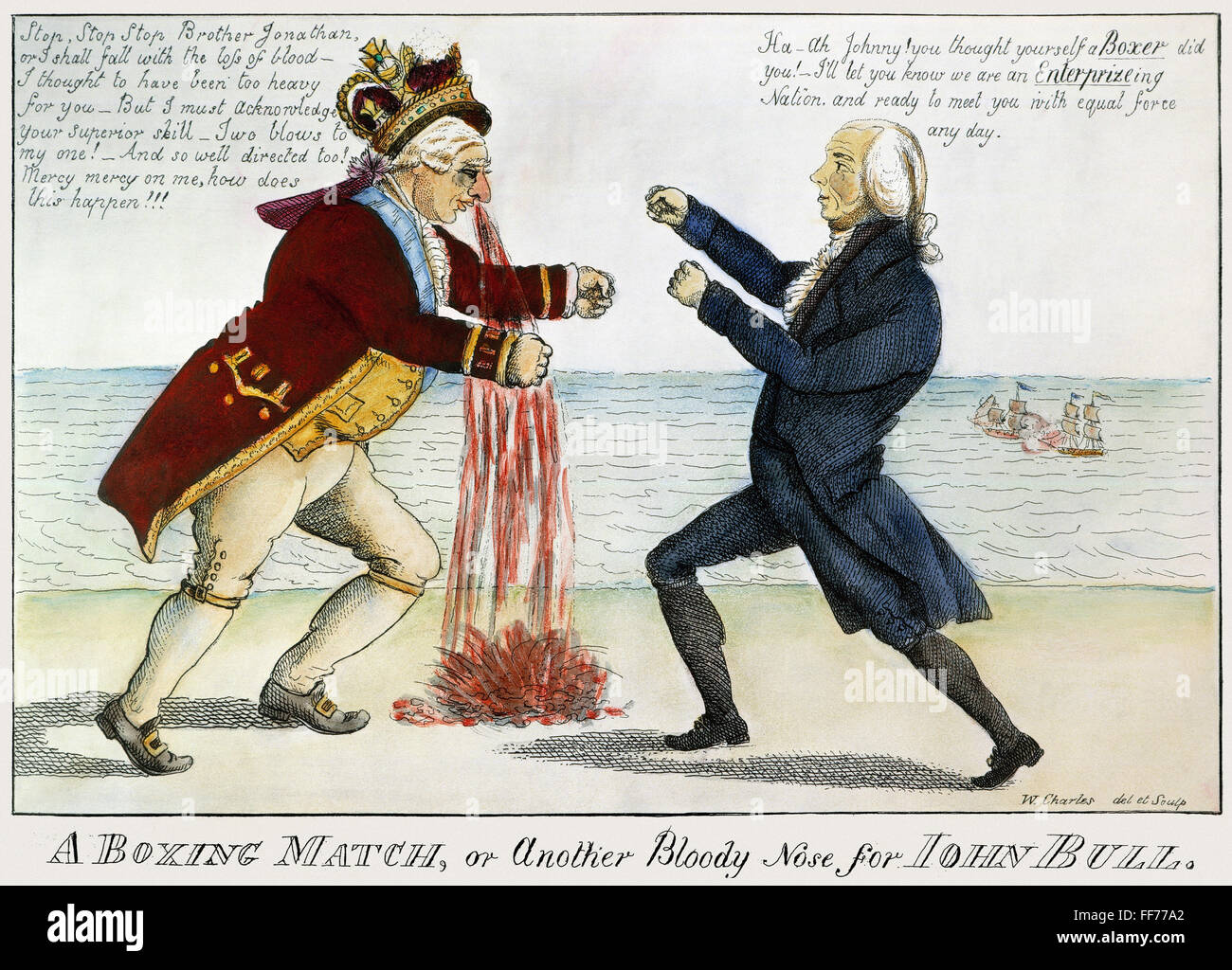 Guerra de 1812: Cartoon, 1813. /NA de Boxeo, u otra nariz sangrienta para John Bol. Una caricatura americana contemporánea grabado en la victoria de la USS Enterprise a través de HMS boxeador en la participación naval librada en 5 de septiembre de 1813. Foto de stock