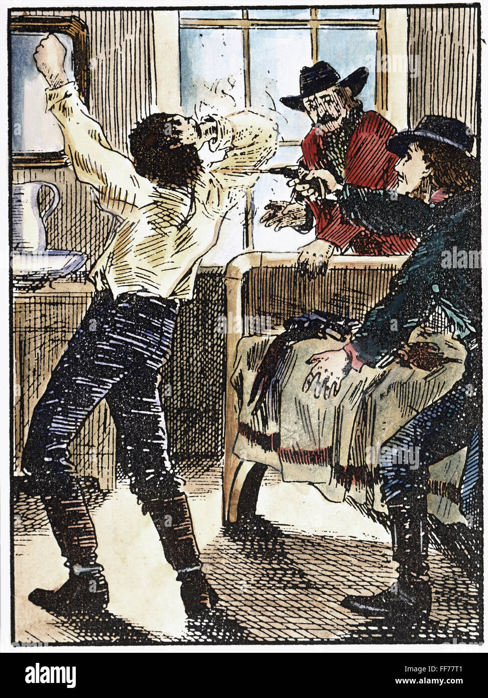 El asesinato de Jesse James, 1882. /Nel proscribir el asesinato de Jesse James en su casa de Saint Joseph, Missouri, por Robert Ford el 3 de abril de 1882. Dibujo contemporáneo. Foto de stock