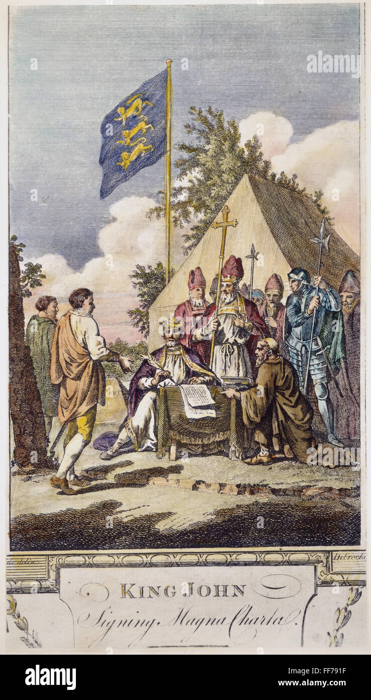 El rey Juan: Magna Carta. /NKing Juan de Inglaterra firma la Carta Magna en Runnymede, 15 de junio de 1215. Grabado, siglo XVIII. Foto de stock