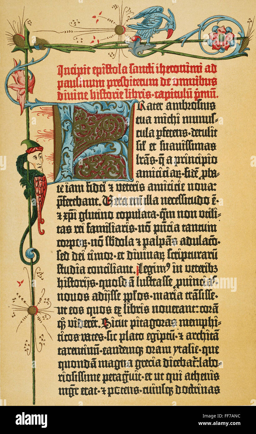 La Biblia de Gutenberg, 15%. /NA Página de uno de los cuarenta y seis copias existentes de la Biblia de Gutenberg impresa en Mainz, Alemania, entre 1450 y 1456. Foto de stock