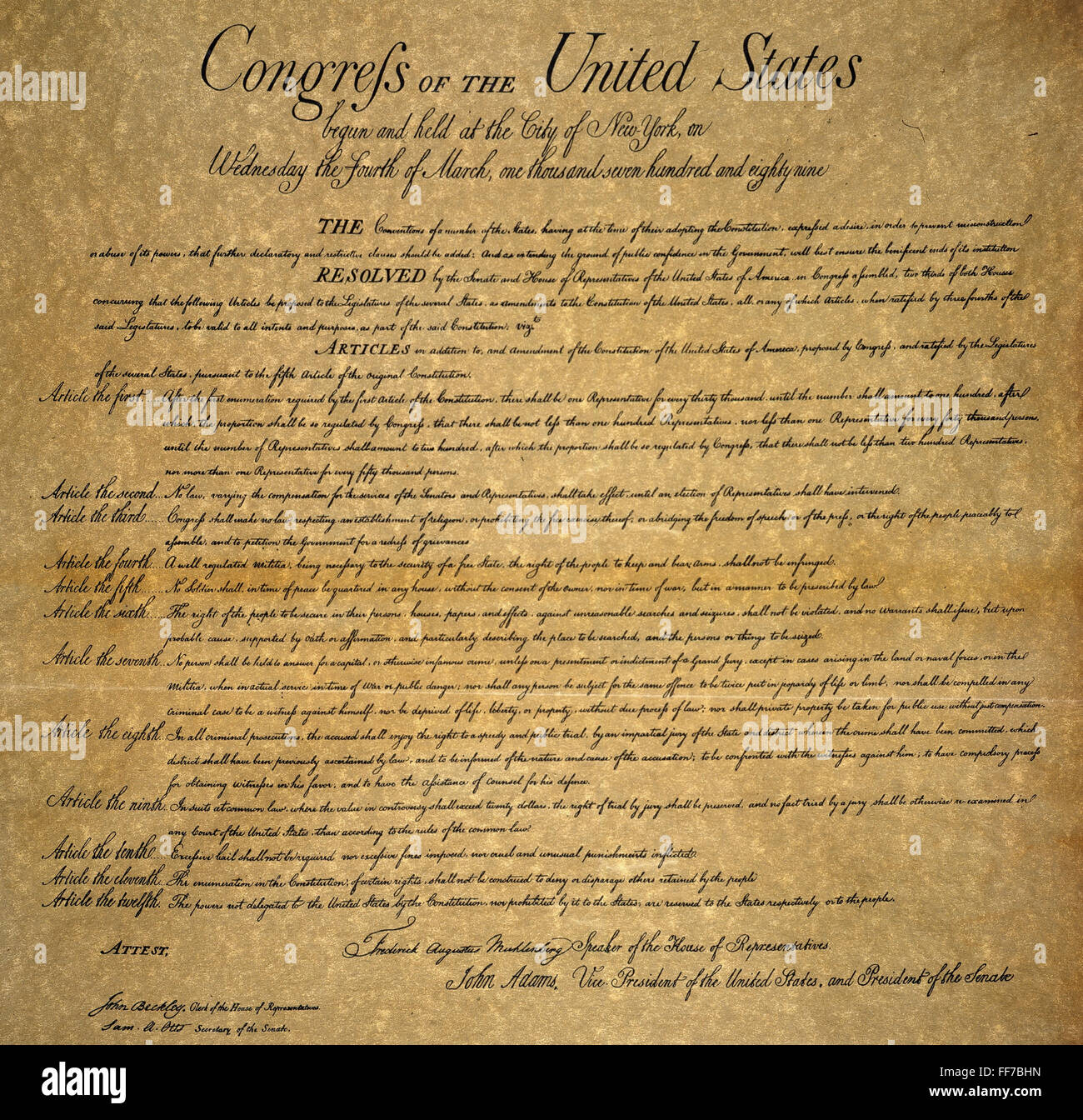 La carta de derechos, de 1789. Foto de stock