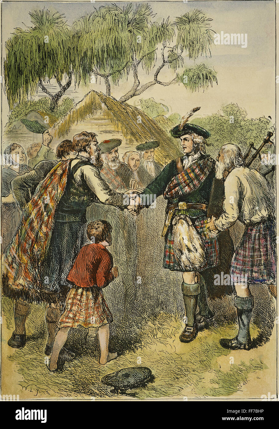 OGLETHORPE visitando Colonia. /NGovernor James Oglethorpe visitando la colonia de Scottish Highlanders en Georgia, 1736. Grabado en color, del siglo XIX. Foto de stock