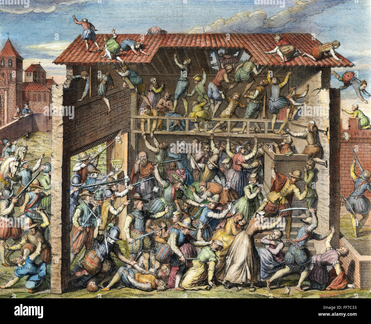 Francia: MASACRE DE Noemi. /Nel matanza de Protestantes en Noemi, Francia, por orden de Franτois de Lorena, Duc de Guise, el 1 de marzo de 1562. Grabado de línea, francés, del siglo XVII. Foto de stock