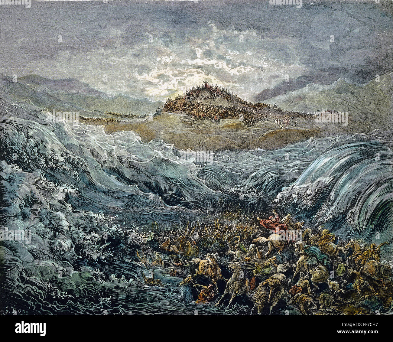 Los egipcios se ahogan en el Mar Rojo. /N(Éxodo 14: 27, 28). Después Gustave DorΘ grabado en color. Foto de stock