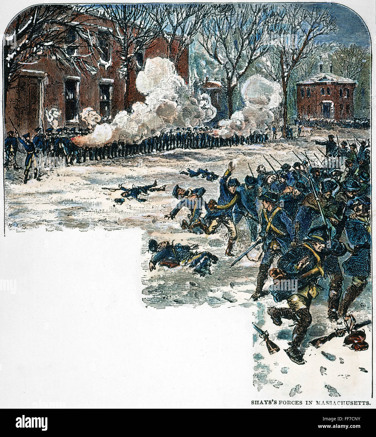 Rebeldes: BATALLA, 1787. /Nel enfrentamiento armado entre Daniel Shays' las fuerzas rebeldes y las tropas del gobierno ante el arsenal de Springfield, Massachusetts, el 26 de enero de 1787. Grabado en color, del siglo XIX. Foto de stock
