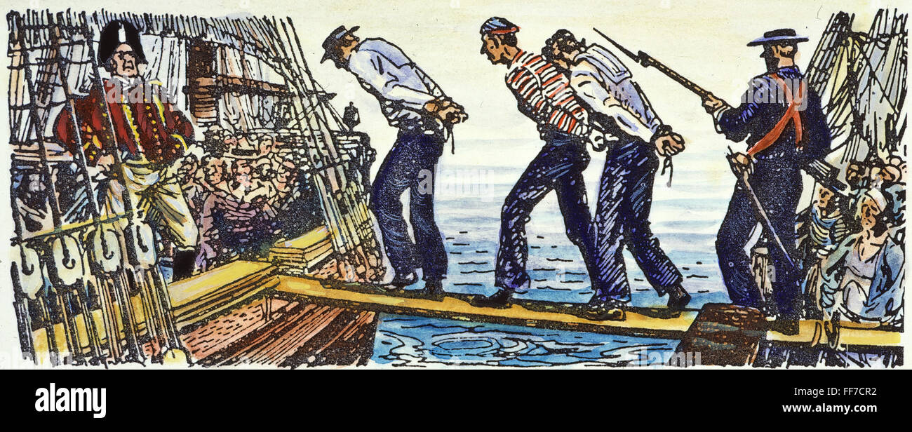 BRITISH: IMPRESSMENT, 1800. /NBound marineros americanos obligados a abandonar su barco y a bordo de un buque británico antes de la guerra de 1812. Dibujo. Foto de stock