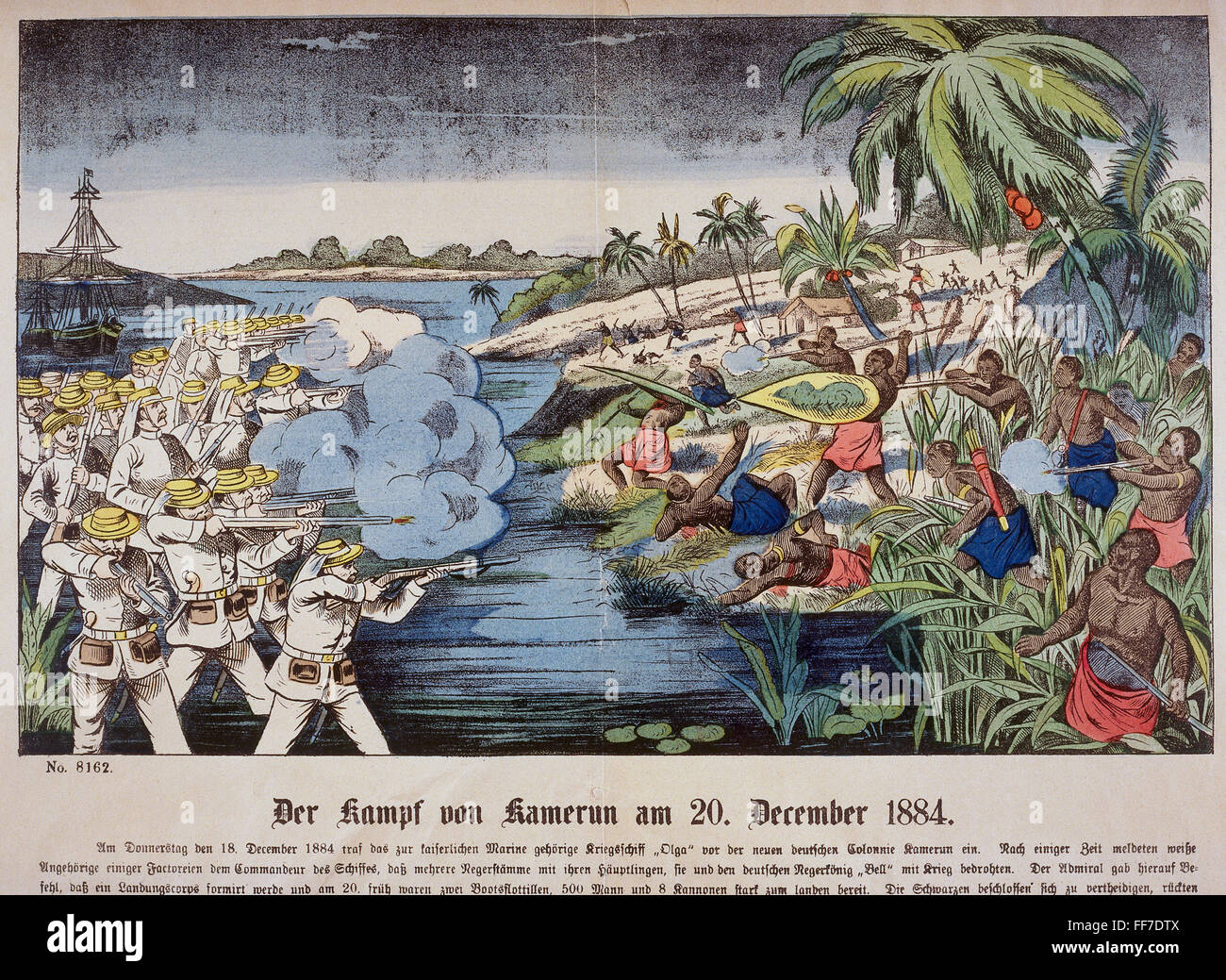 Colonialismo, lucha entre soldados de la marina alemana y nativos, Camerún, 20.12.1884, Derechos adicionales-Clearences-no disponible Foto de stock