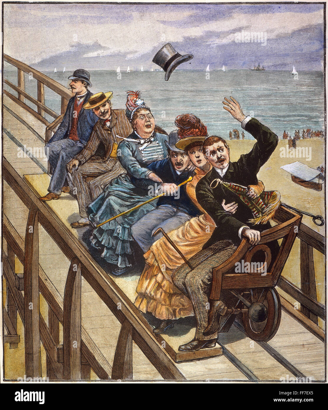 SWITCHBACK Railway, 1886. /Nel primer roller coaster en los Estados Unidos, localizada en Coney Island, ofrece paseos en un minuto de níquel. Grabado coloreado, 1886. Foto de stock