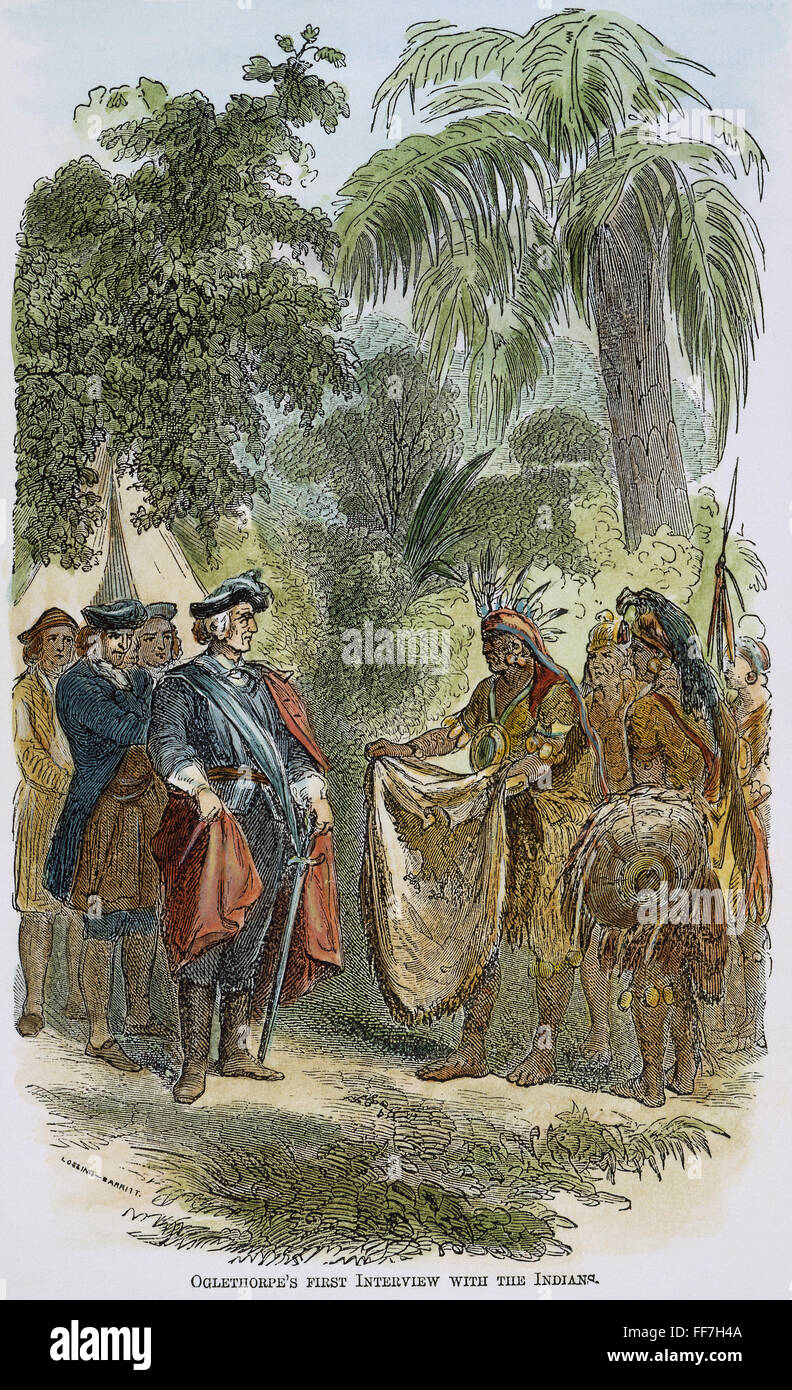OGLETHORPE con los nativos americanos. /NJames Oglethorpe la primera reunión con los Yamacraw Nativos Americanos en 1733 a la actual en Savannah, Georgia. El grabado en madera, americanos del siglo XIX. Foto de stock