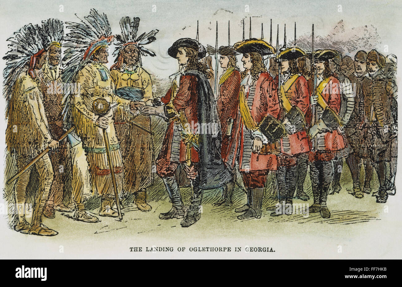 OGLETHORPE en Savannah. /Nel desembarco de James Oglethorpe y 130 colonos en Savannah, Georgia, el 13 de enero de 1733. El grabado en madera, americanos del siglo XIX. Foto de stock