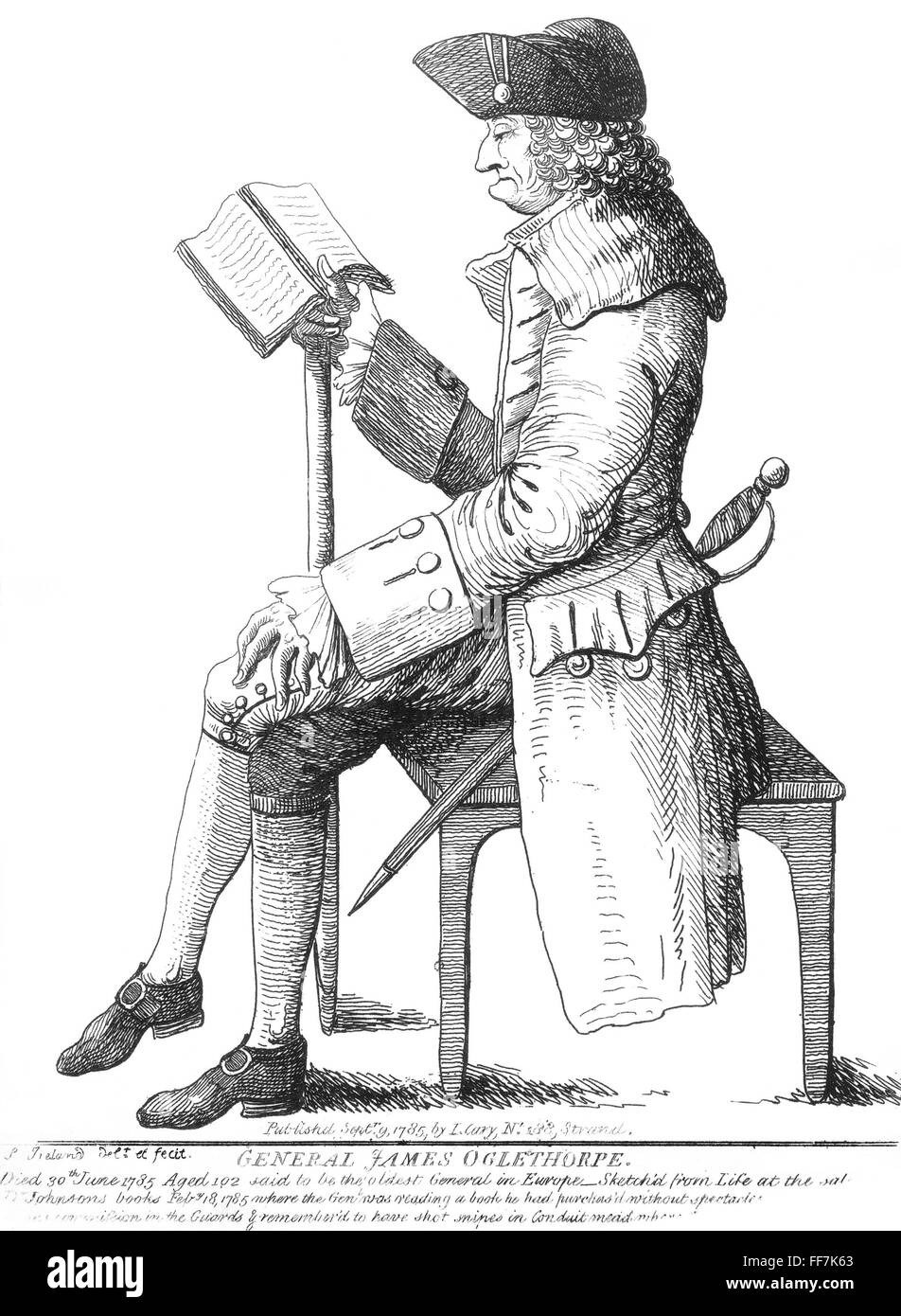 JAMES OGLETHORPE /n(1696-1785). Soldado inglés, filántropo y fundador de Georgia. Aguafuerte de 1785, por Samuel Irlanda representando Oglethorpe en el último año de su vida a la venta de Samuel Johnson's library. Foto de stock