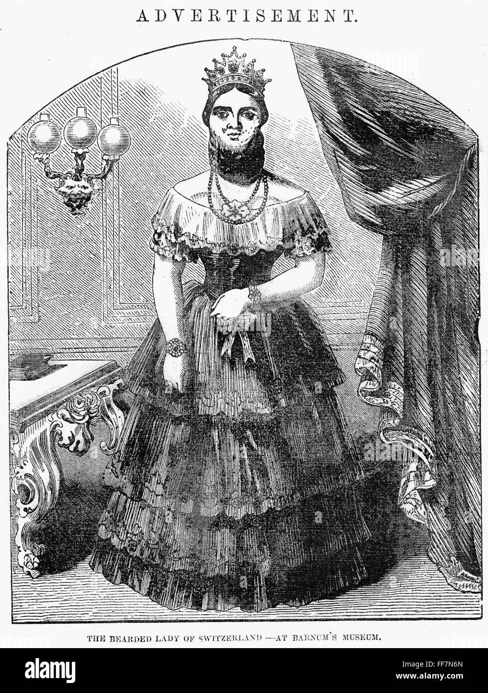 Señora barbudo. /NJosephine Boisdechene (Madame Fortuna Clofullia), P.T. Barnum Swiss Dama barbudo. El grabado en madera, 1853. Foto de stock