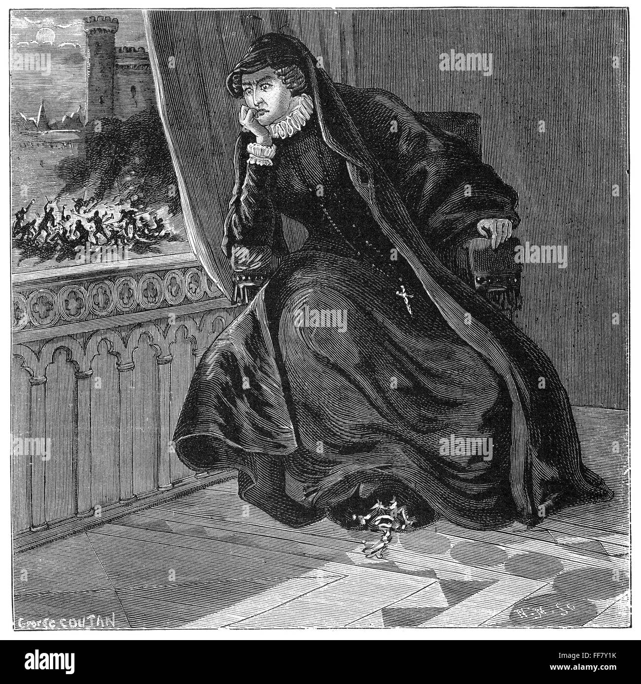 CATHERINE DE MEDICIS /n(1519-1589). Reina de Francia, 1547-1559. Catherine viendo la matanza de hugonotes en París el del Día de San Bartolomé, el 24 de agosto, 1572: el grabado en madera, francés del siglo XIX. Foto de stock