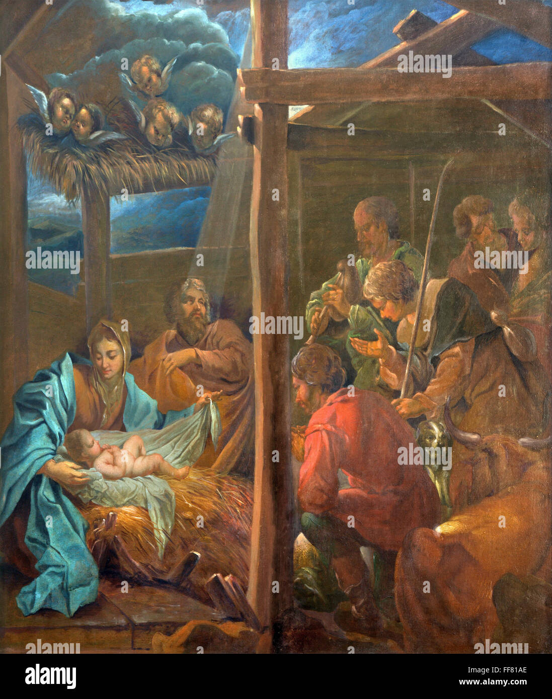 En Brugge, Bélgica - Junio 12, 2014: La Natividad pintura por Jan van den Kerckhove 1707 en st. Iglesia Jacobs (Jakobskerk) Foto de stock