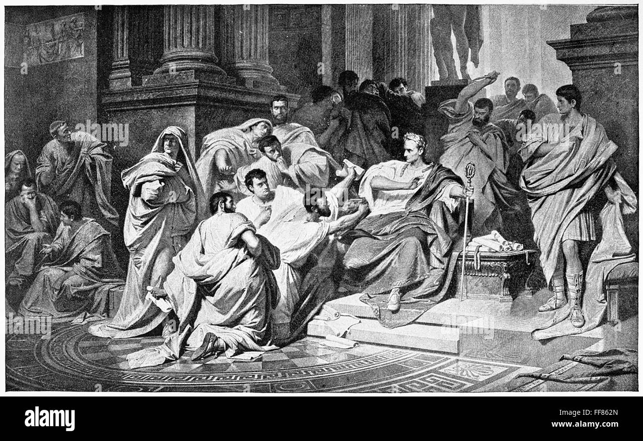 Julio César (100-44 a.C.). /NRoman general y estadista. El asesinato de Julio César por nobles romanos, incluyendo Marcus Junius Brutus y Caius Cassius Longinus, en el Senado, en los Idus de Marzo, 15 de marzo de 44 a.c. de finales del siglo XIX, grabado de línea centu Foto de stock
