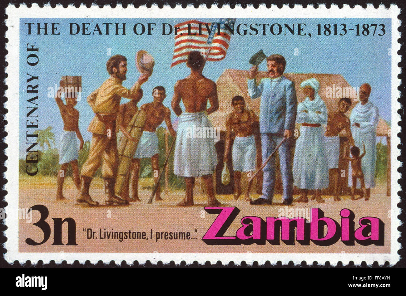 STANLEY y Livingstone, 1871. /Nel reunión de exploradores Henry Morton Stanley y David Livingstone en Ujiji, 10 de noviembre de 1871. Zambia Postage Stamp, 1973, publicado en conmemoración del centenario de la muerte de Livingstone. Foto de stock