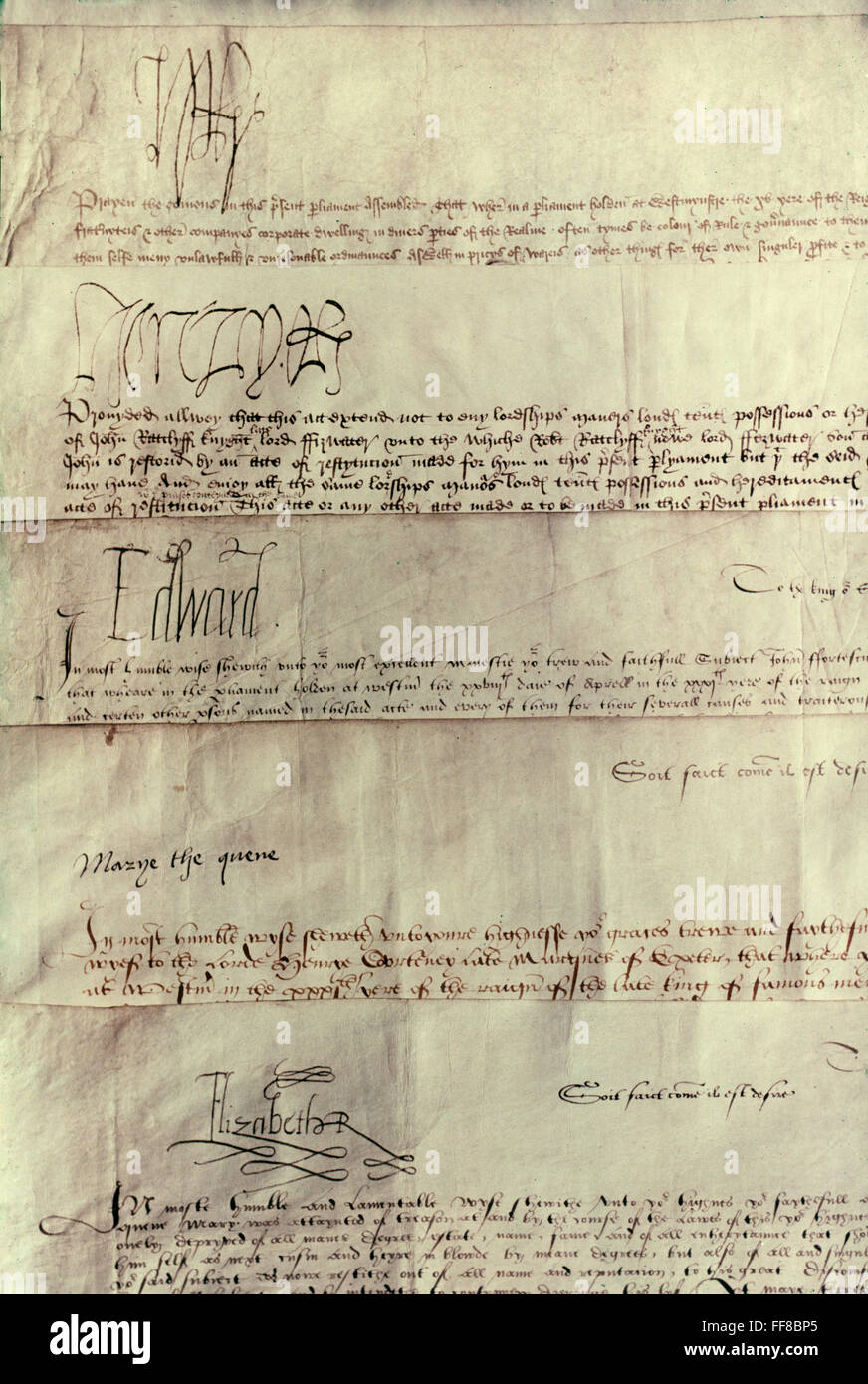 Monarcas Tudor. /NSignatures de los Monarcas Tudor (Enrique VII a Elizabeth I) sobre los actos del Parlamento. Foto de stock