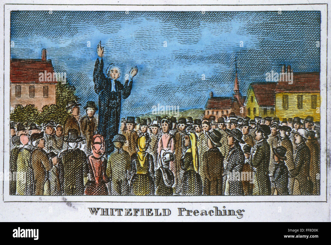 GEORGE WHITEFIELD /n(1714-1770). Predicador inglés. George Whitefiled predicando en las colonias americanas, 1739-41. Grabado de línea, Americana, 1832. Foto de stock