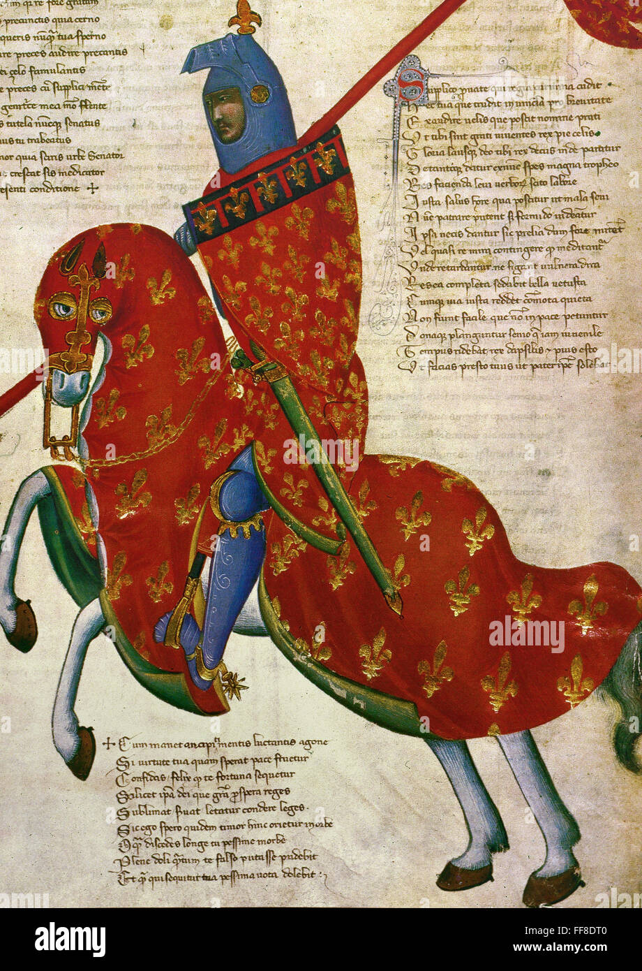 KNIGHT, siglo 14. /NAn caballero armado de Prato. Ilustración del manuscrito, Italiano, siglo 14. Foto de stock
