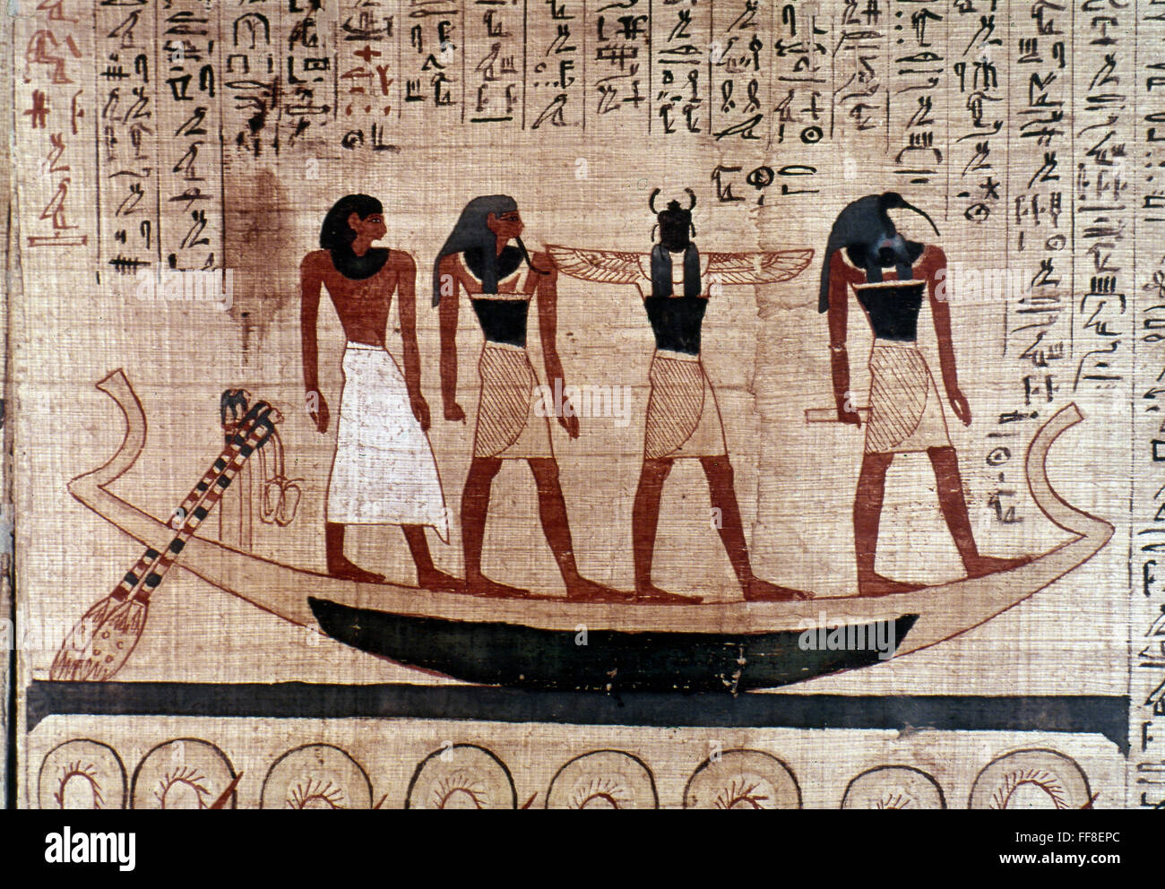 Barcaza de KHEPERA. /Nel barcaza de Khepera (Kepri), la divinidad solar egipcia. Papiro funerario egipcio, 21ª dinastía. Foto de stock