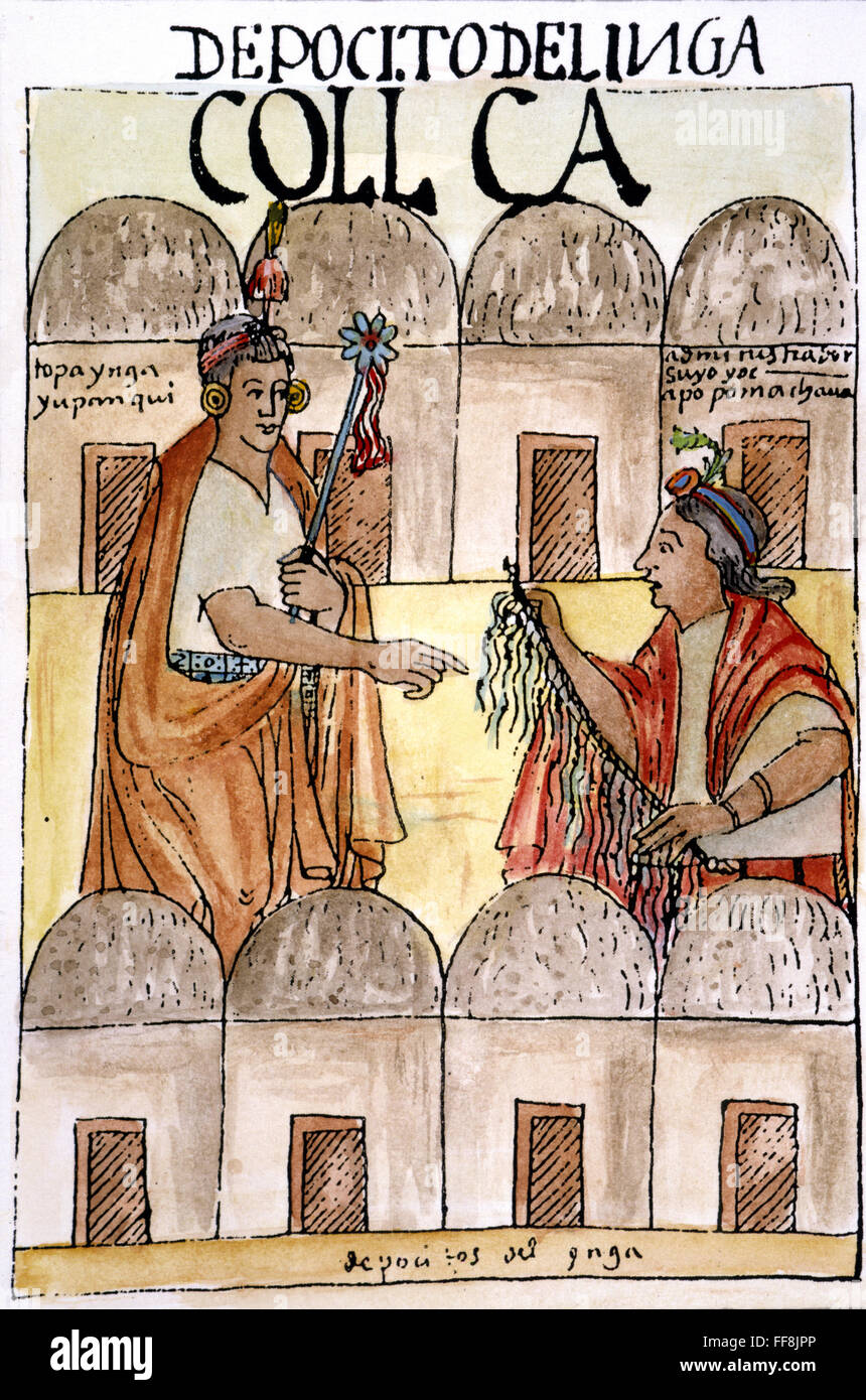 QUIPU INCA. /NAn noble Inca recibe un informe de un funcionario, quien posee un quipu utilizados para contar y registrar los hechos y acontecimientos. Dibujo c1600, por Felipe Guaman Poma de Ayala. Foto de stock