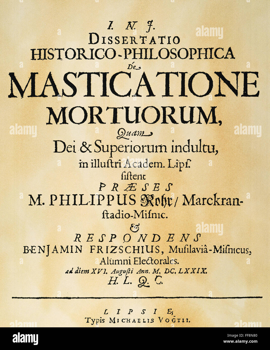 Libro de vampiros, 1679. /NTitle Página de Philip Rohr tesis sobre vampirismo, 'De Masticatione Mortuorum', publicado en Leipzig en 1679. Foto de stock