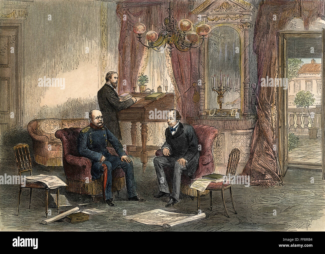 Congreso de Berlín de 1878. /NGerman Canciller Príncipe Otto von Bismarck con el Primer Ministro británico Benjamin Disraeli en el Congreso de Berlín de 1878. Grabado en inglés contemporáneo. Foto de stock