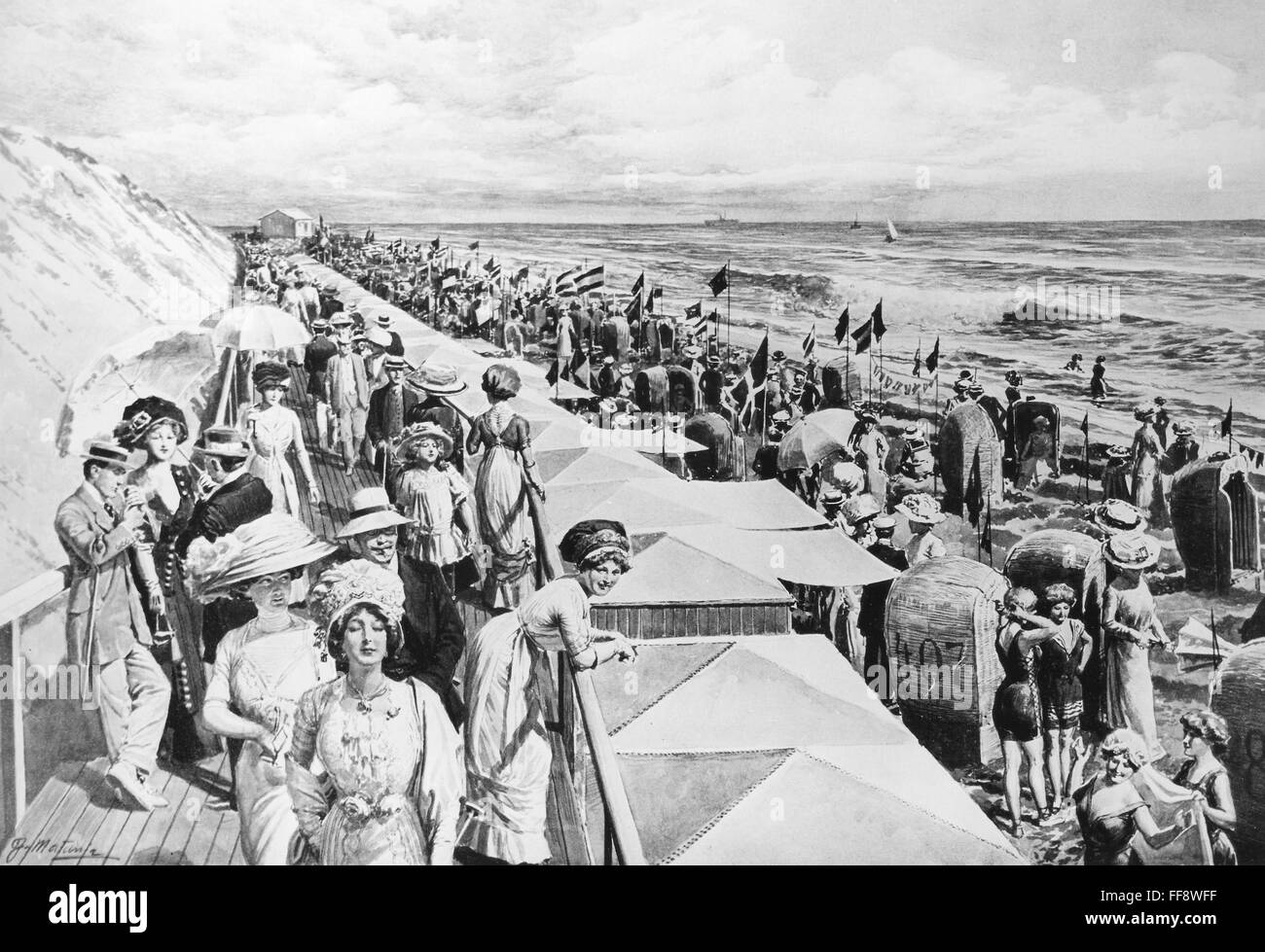 Escena de playa, de 1911. /NIllustration desde un periódico alemán. Foto de stock