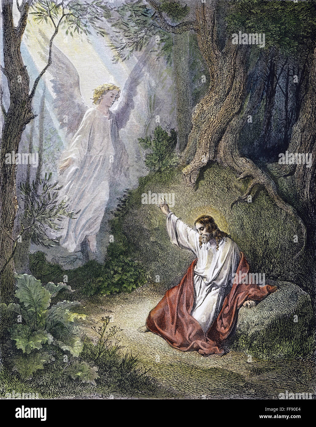 La agonía de Jesús en el jardín. /N (Lucas 22:43). Después Gustave DorΘ grabado de línea. Foto de stock