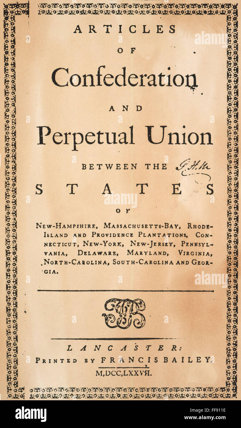 Los artículos de la Confederación. /NTitle página del primer ejemplar impreso, 1777. Foto de stock