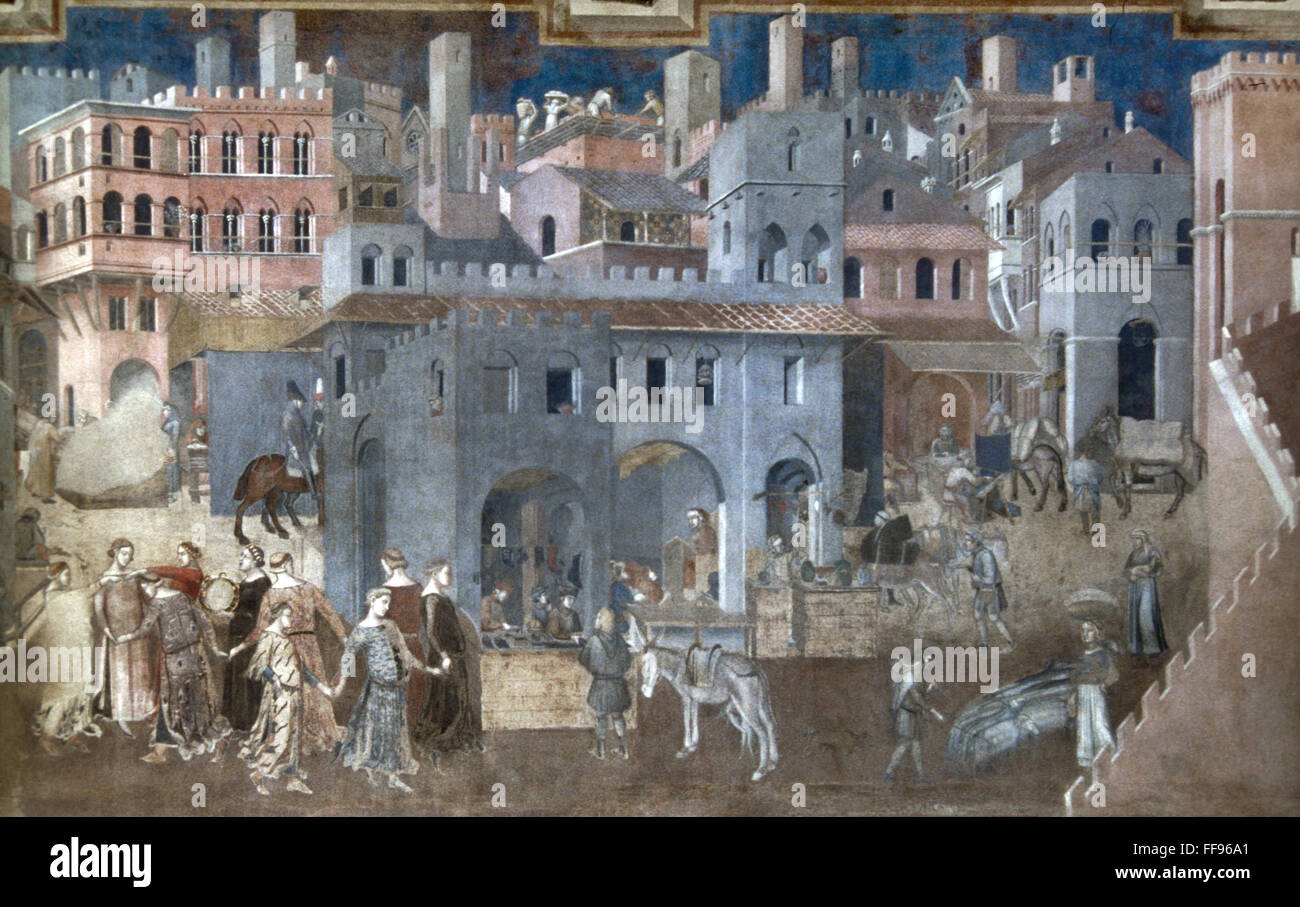 LORENZETTI: Buena Gov'T. /NEffects del buen gobierno en el país, el detalle. Fresco de Ambrogio Lorenzetti, 1337-1340. Foto de stock