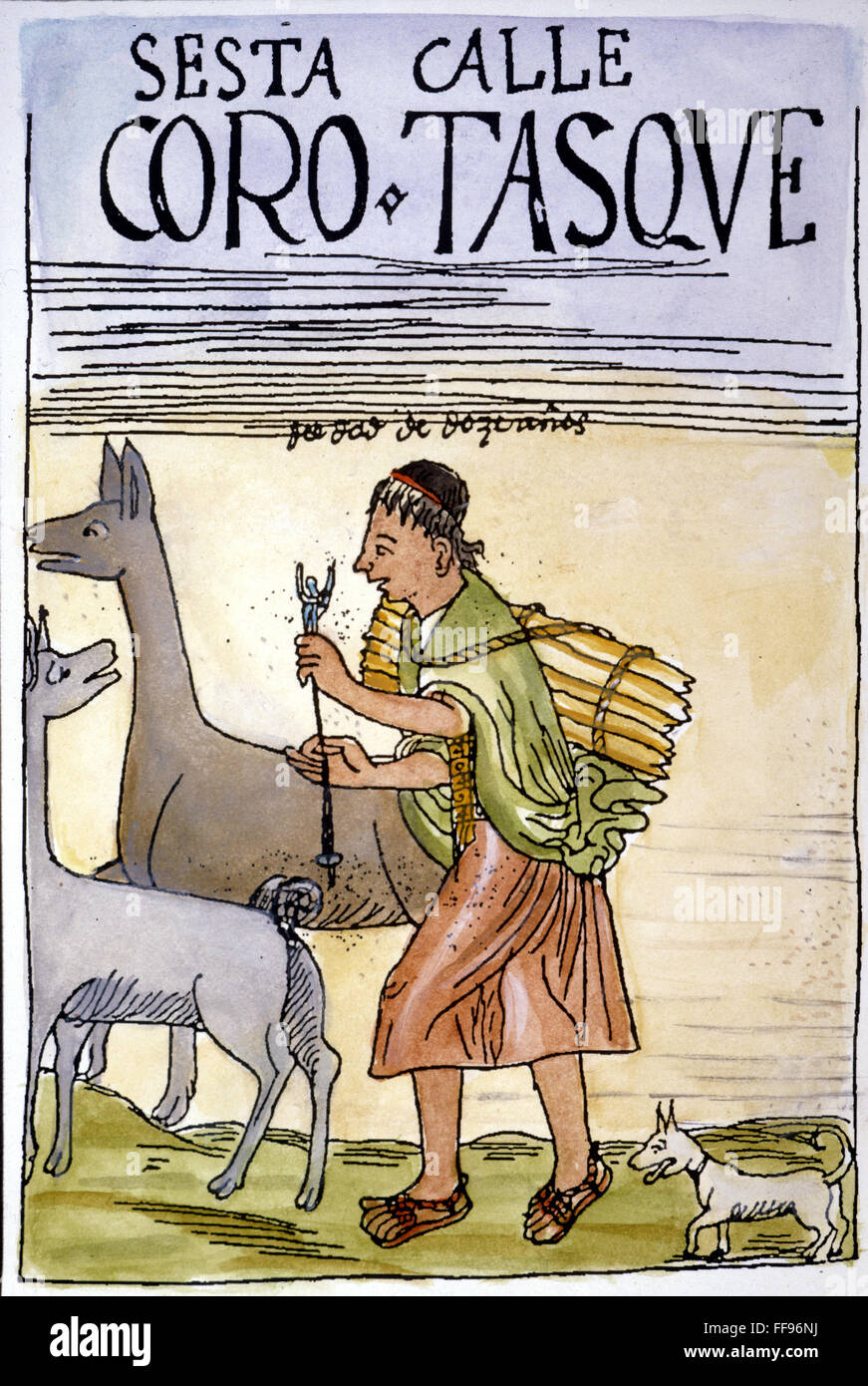 Pastor INCA W/ LLAMAS./nDrawing desde "El Primer Nueva Crónica y buen gobierno' ('El primer Nueva coronica y buen gobierno"), 1583-1615, por Felipe Guaman Pomo de Ayala. Foto de stock