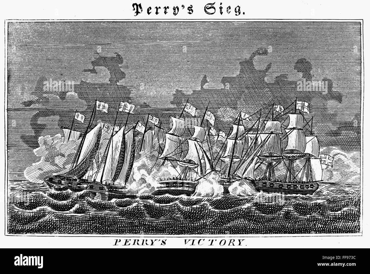 La batalla del lago Erie, 1813. /NOliver Perry del peligro de victoria en el Lago Erie, el 10 de septiembre de 1813. Acero grabado, Alemán, a comienzos del siglo XIX. Foto de stock