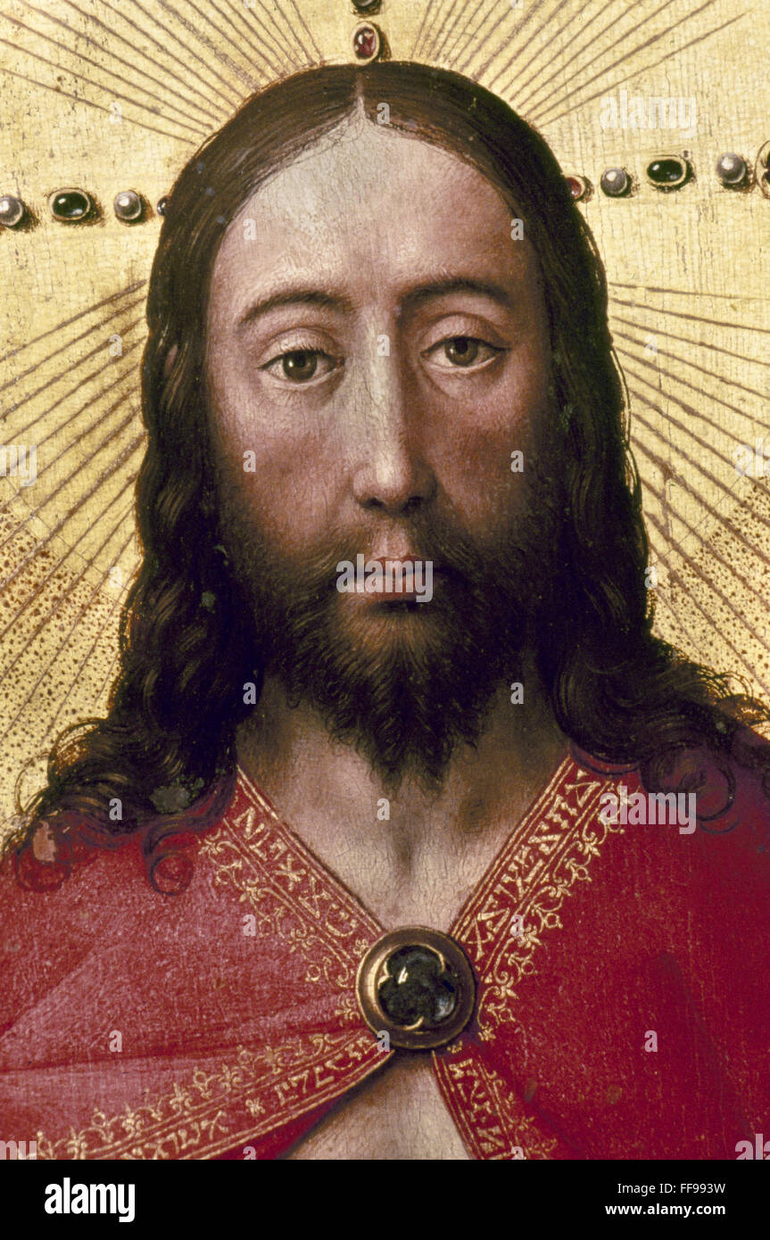 Cristo en Majestad. /Ndetalles. Retablo, 1443, de Rogier van der Weyden, Beaune, Francia. Foto de stock