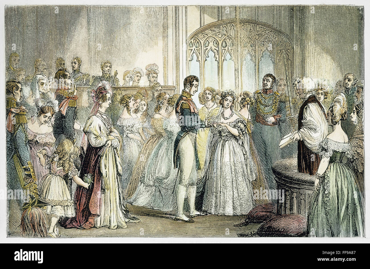 La boda de la reina Victoria. /Nel la boda de la Reina Victoria de Inglaterra y el Príncipe Alberto de Sajonia-Coburgo-Gotha, el 10 de febrero de 1840. El grabado en madera, del siglo XIX. Foto de stock